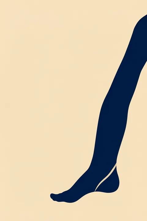 Elegant Blue Legs. A minimalist navy leg and foot extend diagonally across a pale apricot background.