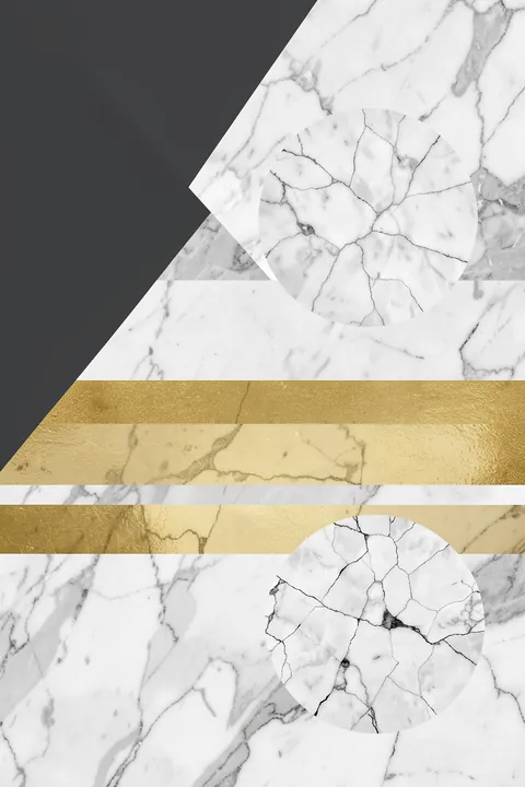 Golden Marble Geometry. White veined marble shapes, charcoal triangles, circular forms and textured gold bands form a geometric composition.