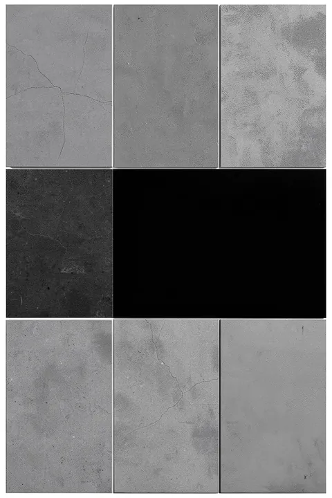 Abstract Textured Blocks. A grid of grey concrete-textured panels is interrupted by broad black rectangles.