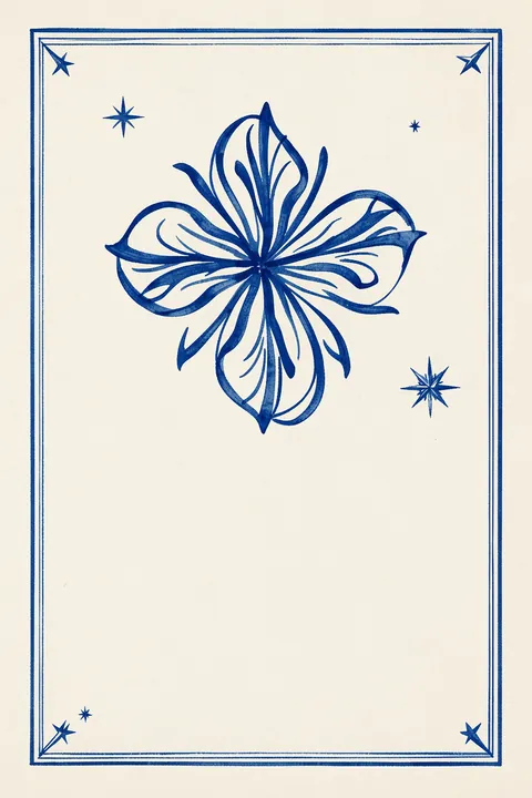Blue Bloom. A hand-drawn blue flower and small star motifs sit inside a double blue border on cream.