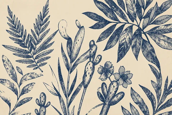Indigo Botanical Collection. Navy botanical linework combines leafy branches, cactus forms and small flowers across a cream background.
