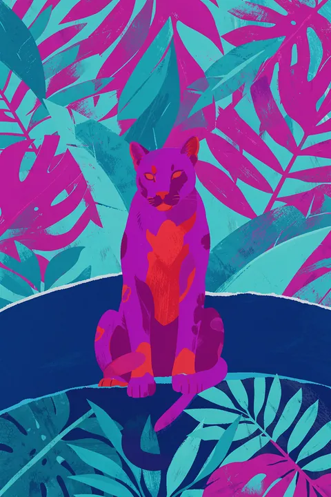 Vibrant Jungle Panther. A stylized magenta panther sits among oversized turquoise and teal tropical leaves.