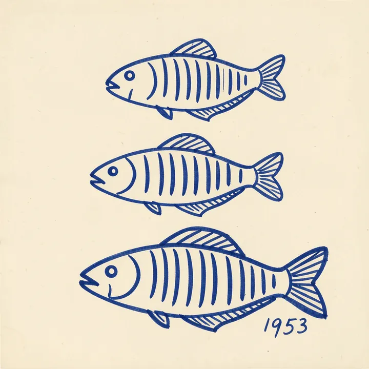 Three Blue Fish. Three blue outlined fish are stacked vertically on cream, with “1953” handwritten beside the lowest fish.
