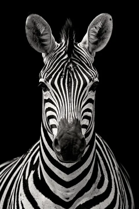 Striking Zebra Portrait. A frontal black-and-white zebra portrait fills the frame against a black background.
