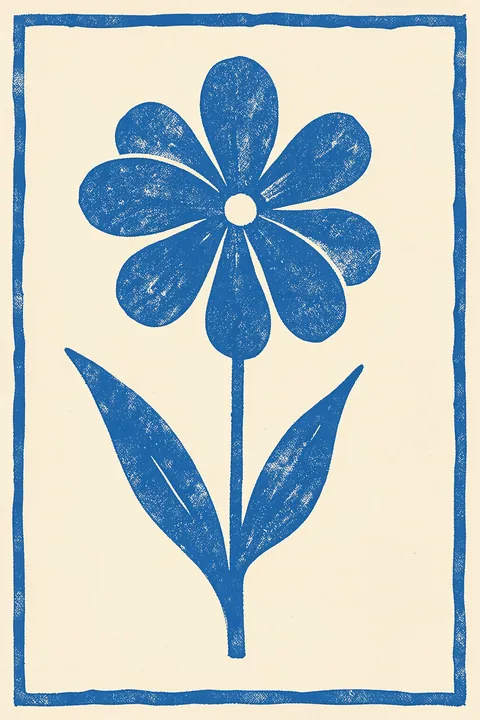 Blue Flower. A simple blue flower with two leaves is centered within a rough blue rectangular border on cream.