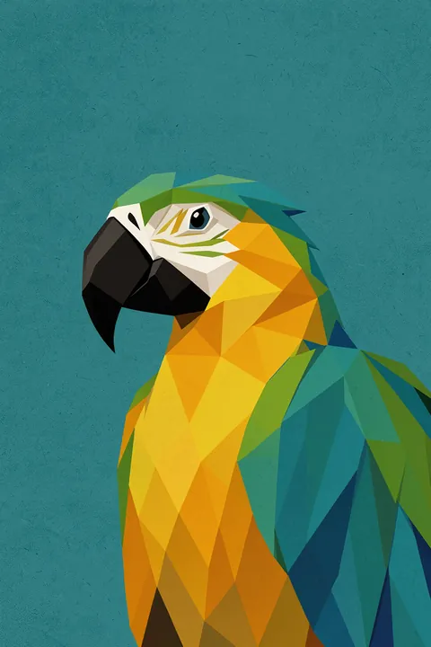 Cool Parrot With Glasses. A faceted parrot portrait in yellow, orange, green and teal fills a textured teal background.