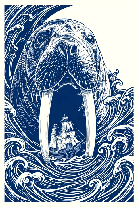 Salty Old Walrus Tattoo. A detailed blue-and-white walrus surrounded by curling waves frames a sailing ship between its tusks.