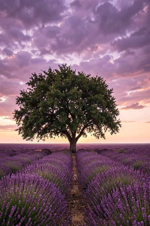 Lone Tree Lavender Sunset. A solitary tree stands among rows of purple lavender beneath a pink-violet clouded sunset.