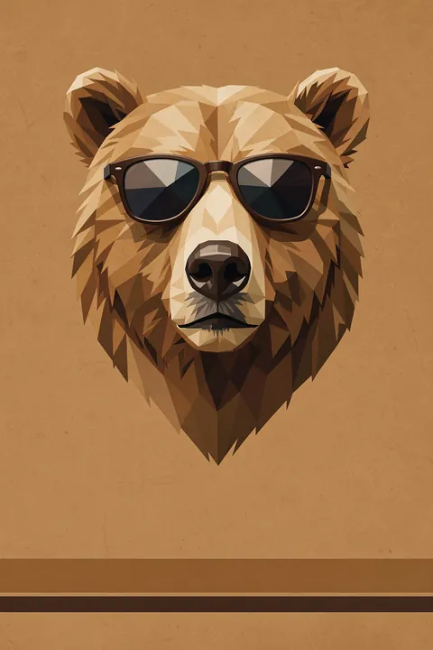 Hipster Bear. A geometric brown bear portrait wears dark sunglasses above narrow horizontal bands on an ochre background.
