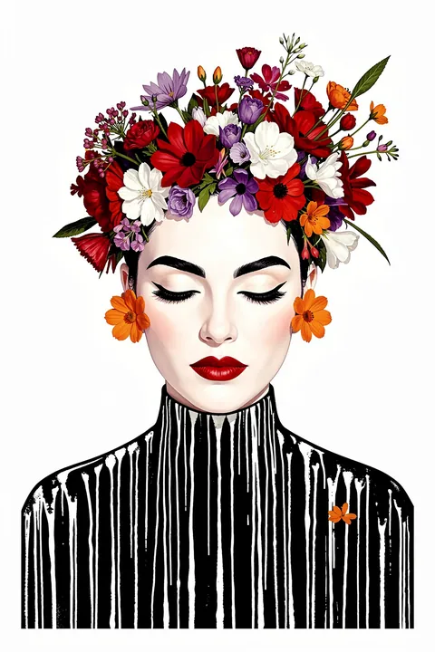 Floral Serenity. A woman with closed eyes wears a crown of colorful flowers above a black-and-white striped top.