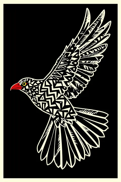 Speckled Bird Flight. A stylized flying bird with cream geometric markings and a red beak crosses a black field.