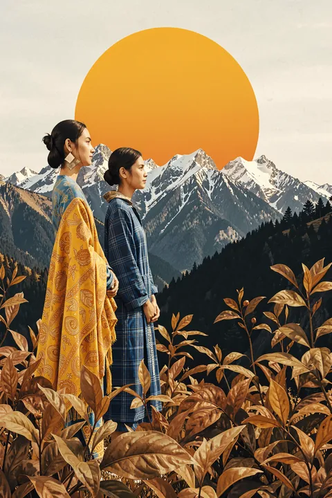 Maasai Women Mountains. Two women stand before snow-covered mountains and a large ochre sun, with a dark forest and warm foliage in the foreground.