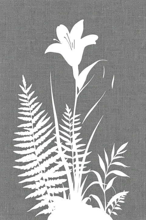 Botanical Silhouette Study. White flower and fern silhouettes rise across a grey, finely textured background.