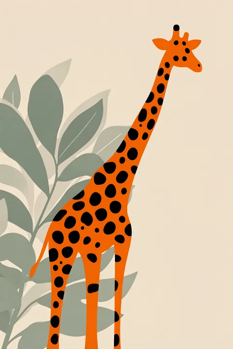 Whimsical Safari Giraffe. A tall orange giraffe with black spots stands among muted sage-green leaves on a pale cream ground.