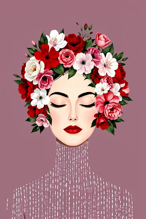 Floral Serenity. A woman with closed eyes wears a crown of red, pink and white flowers against a muted mauve background.