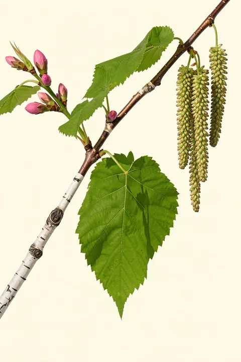 Alder Botanical Study. A botanical branch with broad green leaves, pink buds and hanging catkins crosses a pale cream background.