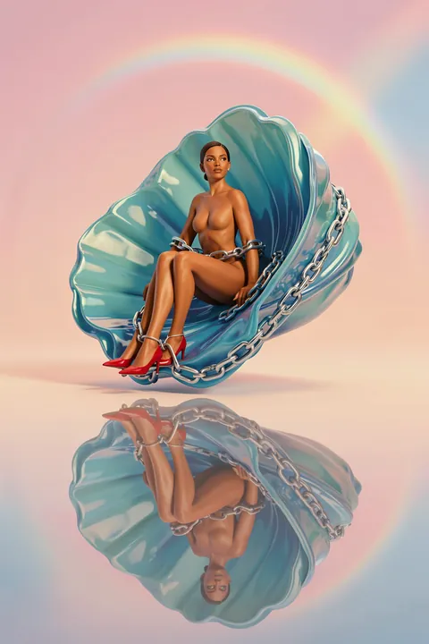 Surreal Shell Legs. A seated figure in red heels appears inside a large blue shell-shaped form, with chains and a mirrored reflection on a pastel ground.
