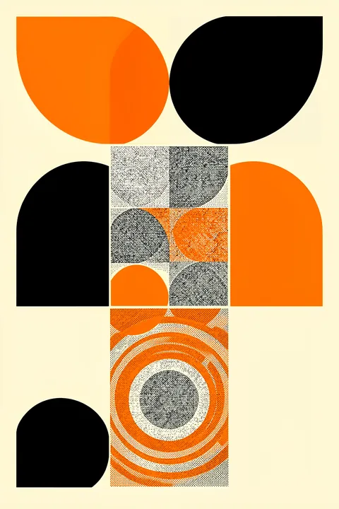 Orange Black Geometric Pattern. Large orange and black curved shapes surround a central column of speckled geometric panels on pale yellow.