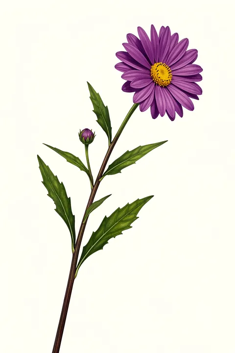 Purple Aster Botanical Study. A purple aster with a yellow center and a small bud grows on a leafy stem against cream.