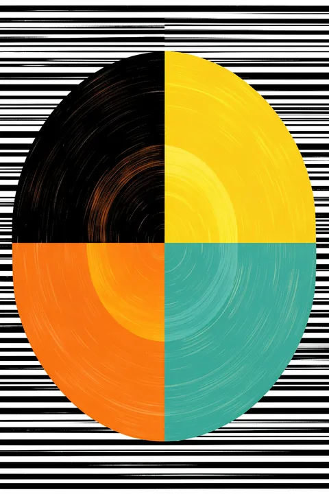 Colorful Geometric Interlock. A four-part circular composition in black, yellow, orange and teal overlays thin black-and-white horizontal stripes.