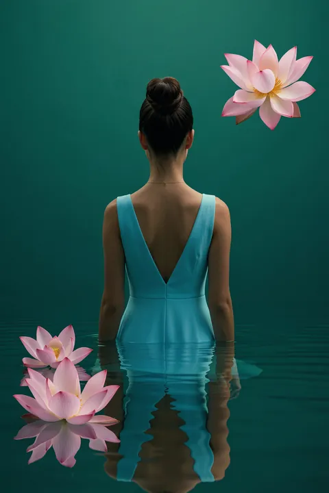 Lotus Dreaming. A woman seen from behind stands in dark teal water among pink lotus flowers, with her reflection below.