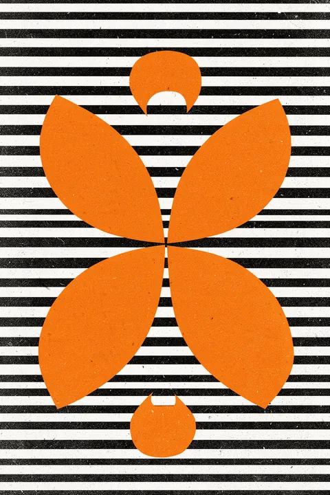 Orange Black Grunge Stripes. A large orange four-petal motif overlays distressed black-and-cream horizontal stripes.