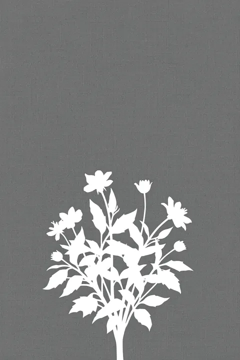 White Floral Silhouette. A compact white silhouette of flowering stems and leaves sits low on a grey, finely textured field.