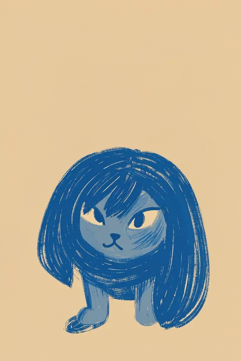 The Blue Acrobat. A blue, long-haired cat-like figure stands on a warm beige background, its paws sketched in blue brushstrokes.