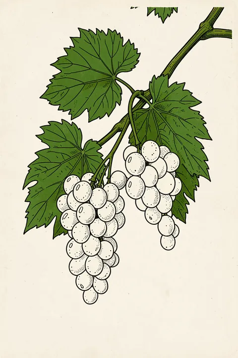 White Grape Lithograph. An illustrated cluster of pale grapes hangs among large green vine leaves on cream.