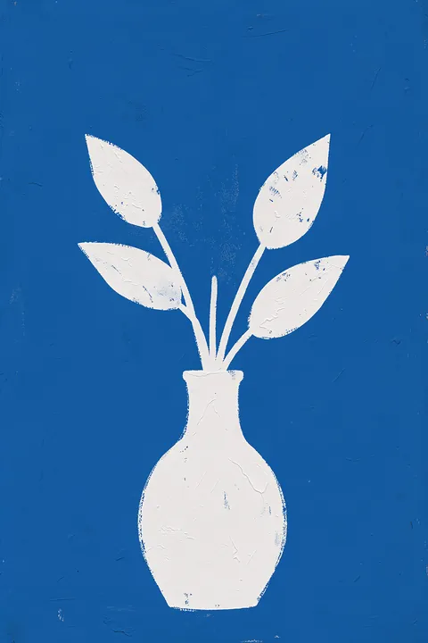 Blue Botanical Vase. A white vase with four white leaves is centered on a textured blue background.
