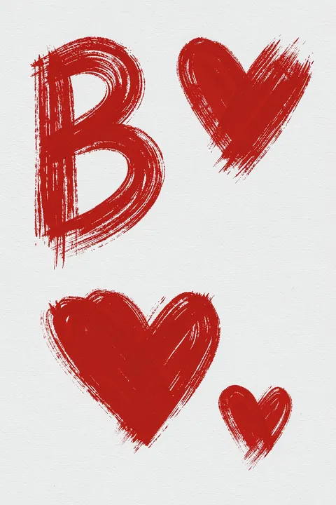 Bonjour Hearts. A large red brushstroke letter B and three red brushstroke hearts sit on a textured white ground.