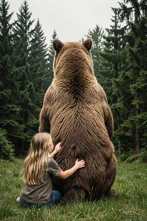 Peaceful Forest Embrace. A child embraces a large brown bear from behind in a grassy clearing surrounded by evergreen trees.