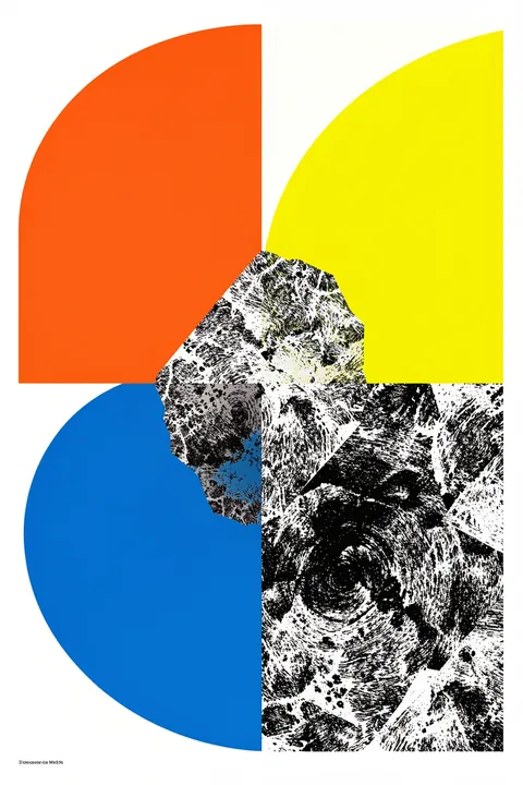 Colorful Geometric Balance. Orange, yellow and blue curved blocks frame a black-and-white textured abstract form on white.