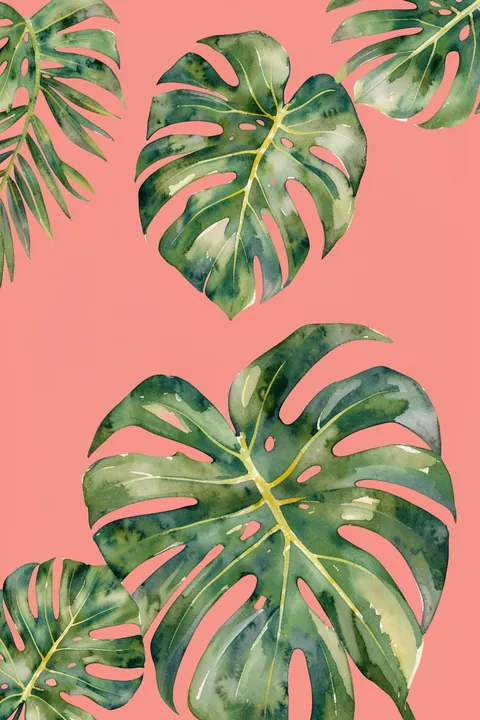 Pink Tropical Monstera. Large green monstera leaves overlap across a coral-pink background.