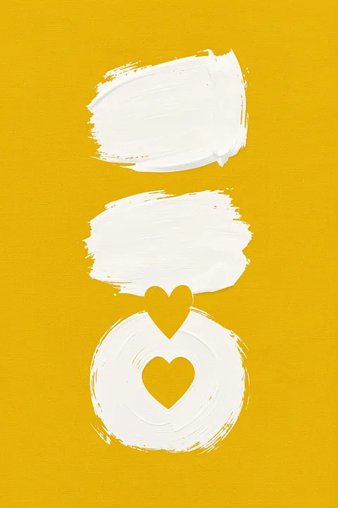 More Amor Por Favor. White brushstroke bars and heart motifs form a simple graphic on a mustard-yellow textured ground.