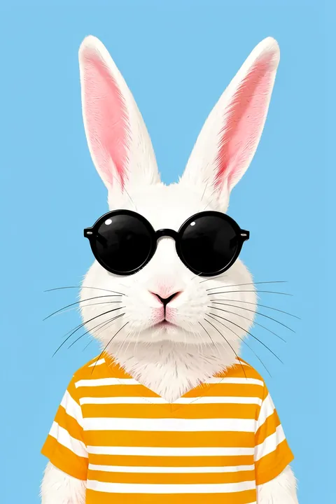 Cool Bunny With Shades. A white rabbit wearing round black sunglasses and an orange-and-white striped shirt stands against blue.