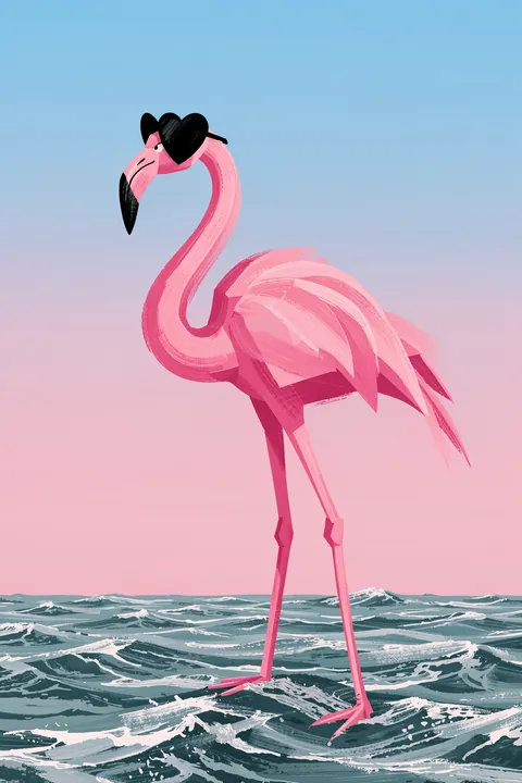 Cool Pink Flamingo. A pink flamingo in black heart-shaped sunglasses stands in choppy grey-blue water beneath a blue-to-pink sky.
