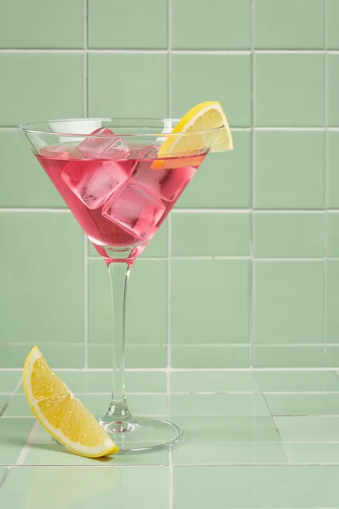 Refreshing Pink Cocktail. A pink iced drink with lemon is served in a stemmed glass against pale green tile, with lemon wedges and mint nearby.