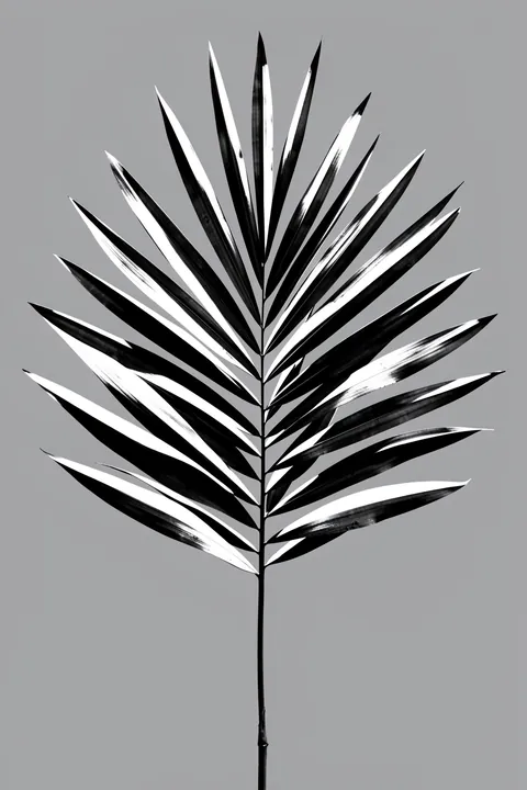 Monochrome Fronds. A single palm-like frond is rendered in stark black and white against a muted grey background.