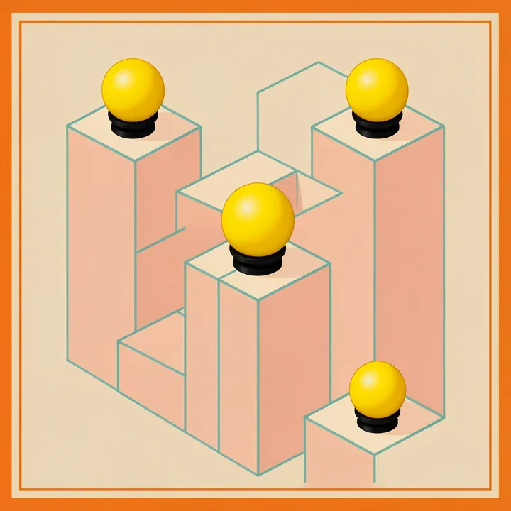 Impossible Geometric Structure. Pale pink outlined geometric forms create an impossible-looking structure topped with four yellow spheres inside an orange frame.