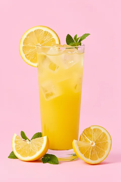 Egyptian Lemonade Refreshment. A glass of yellow lemonade with ice, lemon slices and mint sits against a pink background.