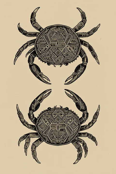 Ocean Tribal Crabs. Two ornate black line-art crabs are arranged vertically on a warm cream ground.