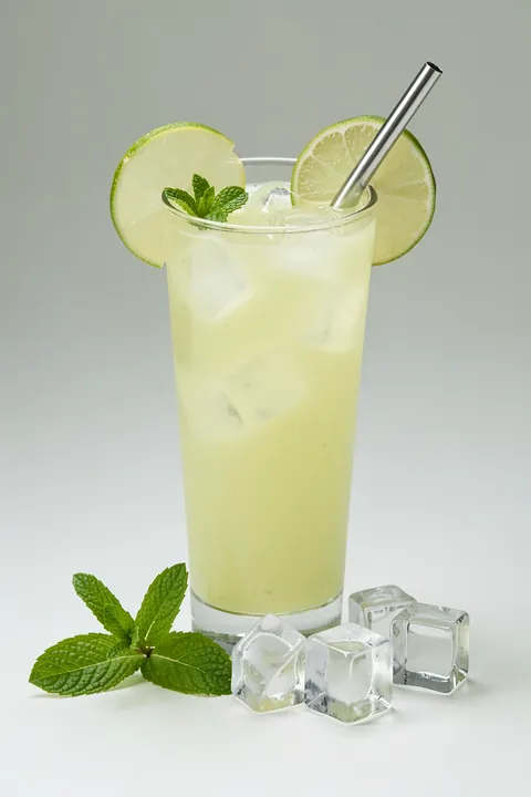 Refreshing Cuban Mojito. A tall glass of pale mojito with ice, mint and lime slices is accompanied by a straw, fresh mint and ice cubes on light grey.