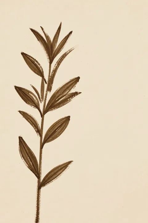 Golden Botanical Sketch. A loose ochre-brown botanical painting shows a leafy stem on a warm cream background.