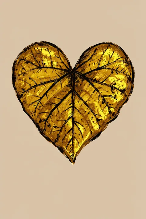 Golden Botanical Leaf. A golden heart-shaped leaf with fine dark vein-like sketch lines sits on warm beige.