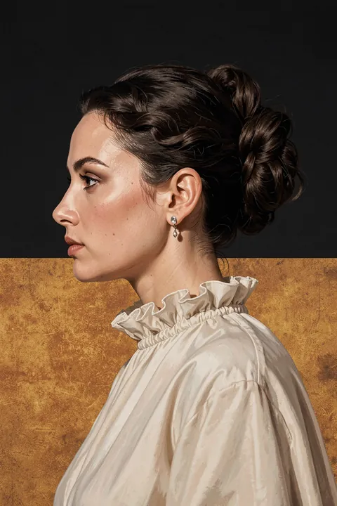 Elegant Woman Profile. A woman in profile wears a white ruffled blouse, her hair gathered up against dark and ochre color fields.