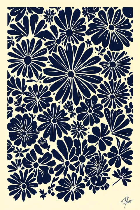 Indigo Floral Arrangement. Dense navy floral silhouettes fill a warm cream rectangular field; a small signature appears near the lower right.