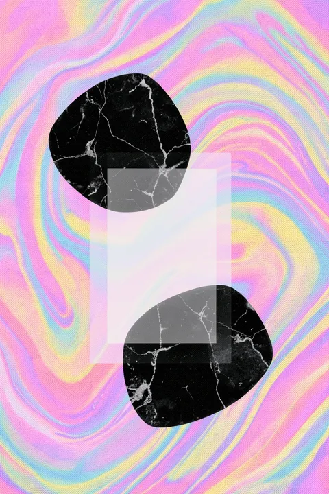 Pastel Cosmic Swirl. Pastel pink, blue and yellow waves curve around dark marbled shapes and translucent rectangles.
