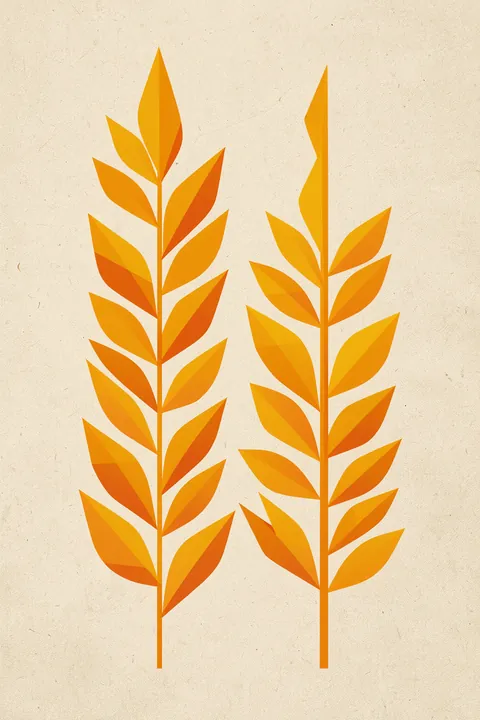 Autumn Leaf Dance. Two stylized golden-orange leafy stems are arranged on a textured cream background.