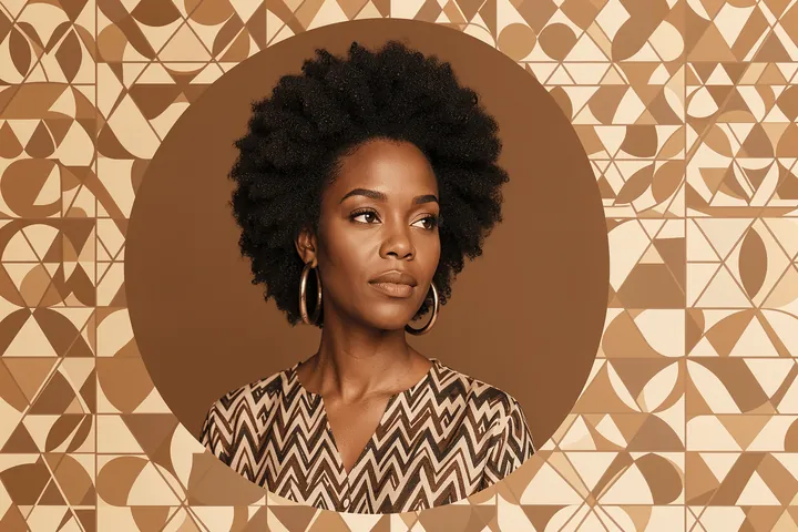 Confident Afro Woman. A Black woman with a natural afro and hoop earrings is portrayed against a geometric tan patterned background.